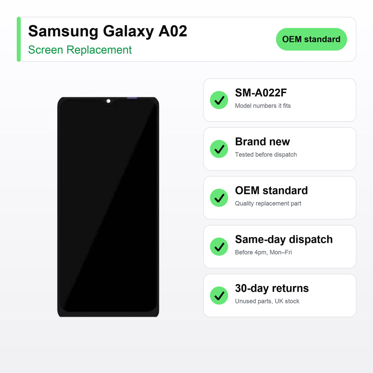 Samsung Galaxy A02 screen key facts: brand new, tested, same-day UK dispatch