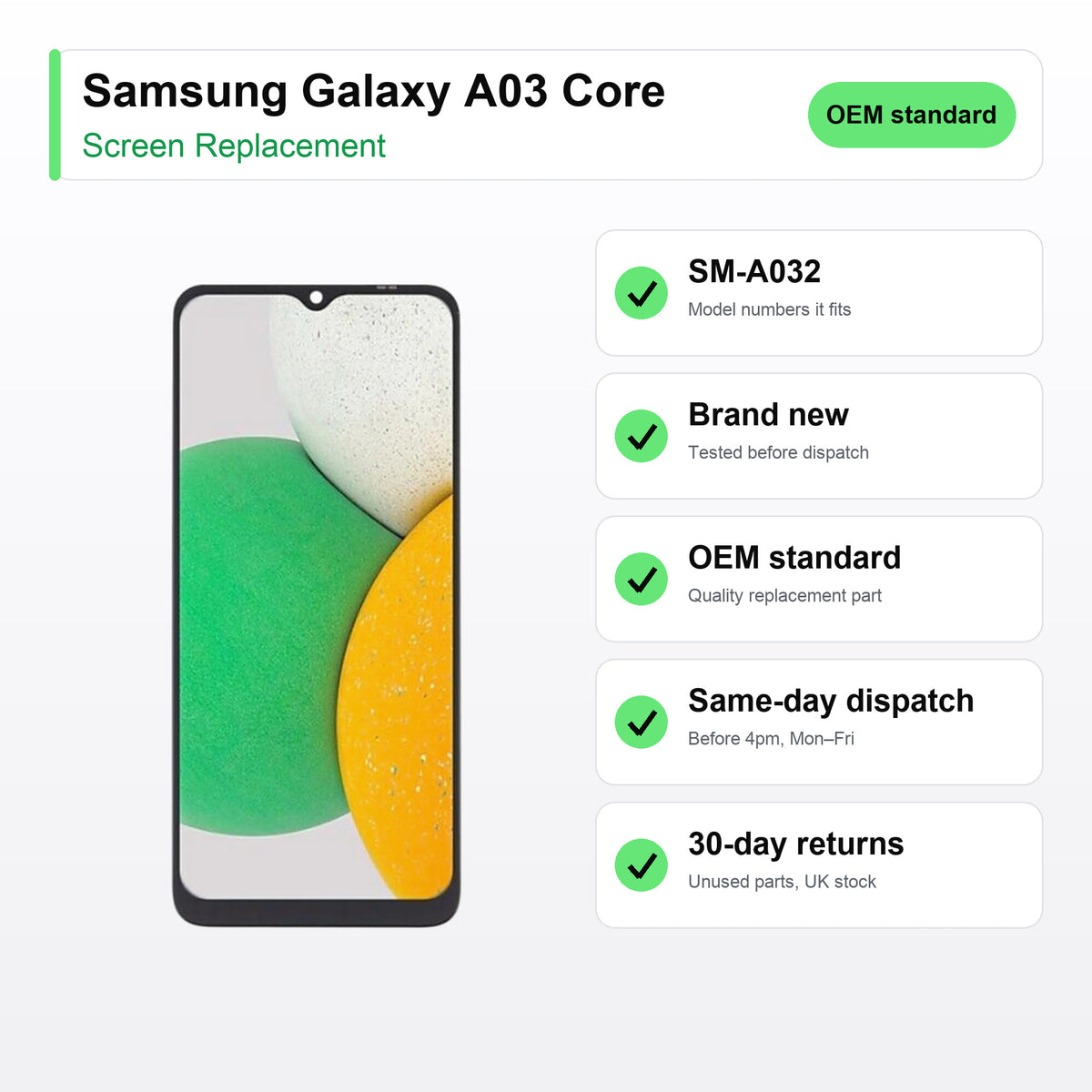 Samsung Galaxy A03 Core screen key facts: brand new, tested, same-day UK dispatch