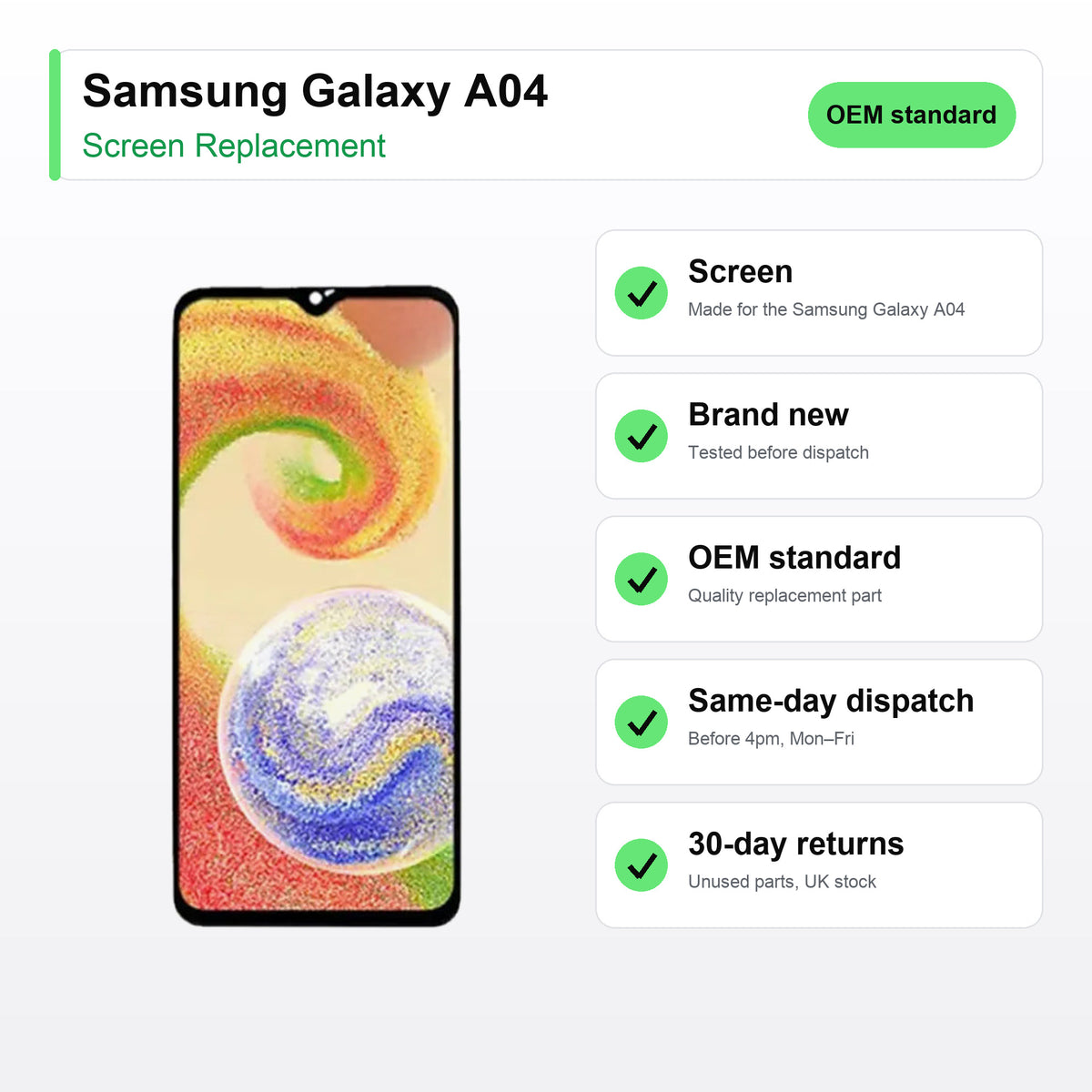 Samsung Galaxy A04 screen key facts: brand new, tested, same-day UK dispatch
