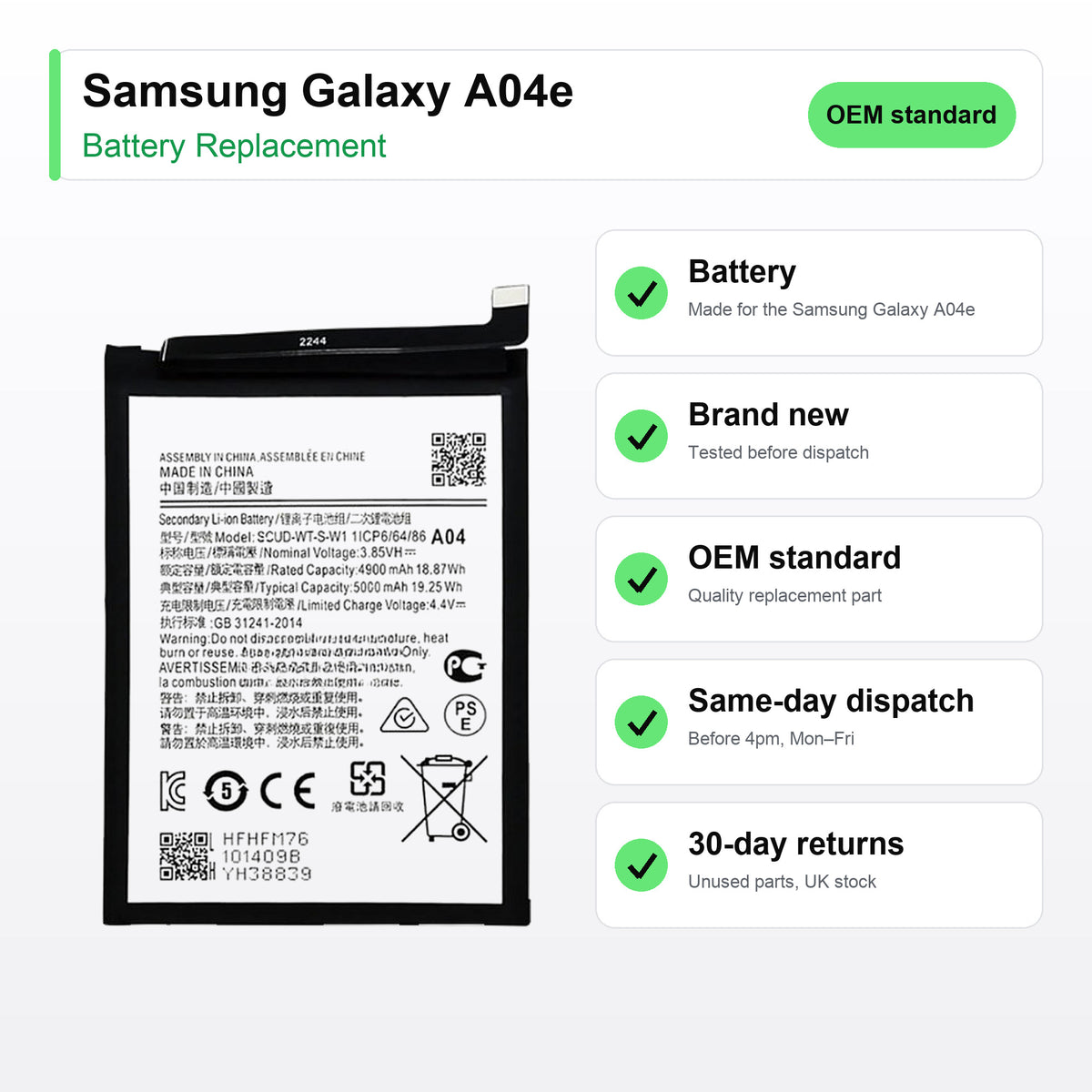 Samsung Galaxy A04e battery key facts: brand new, tested, same-day UK dispatch