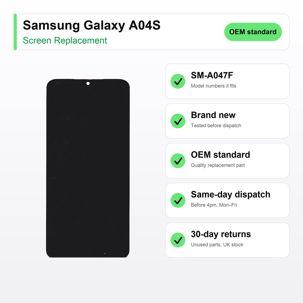 Samsung Galaxy A04S screen key facts: brand new, tested, same-day UK dispatch