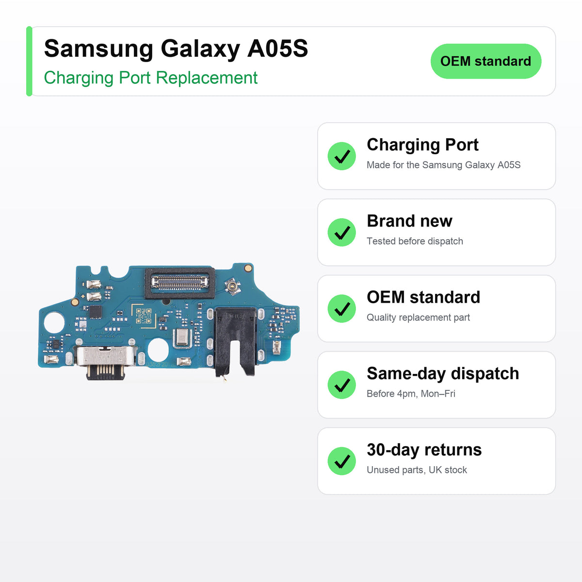Samsung Galaxy A05S charging port key facts: brand new, tested, same-day UK dispatch