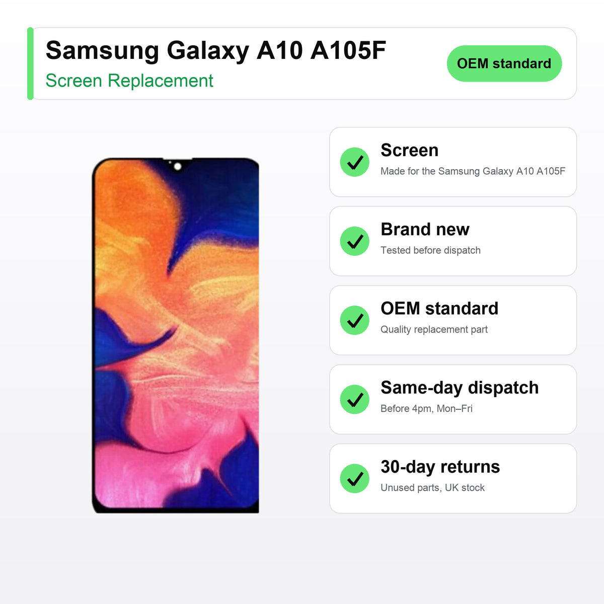 Samsung Galaxy A10 A105F screen key facts: brand new, tested, same-day UK dispatch