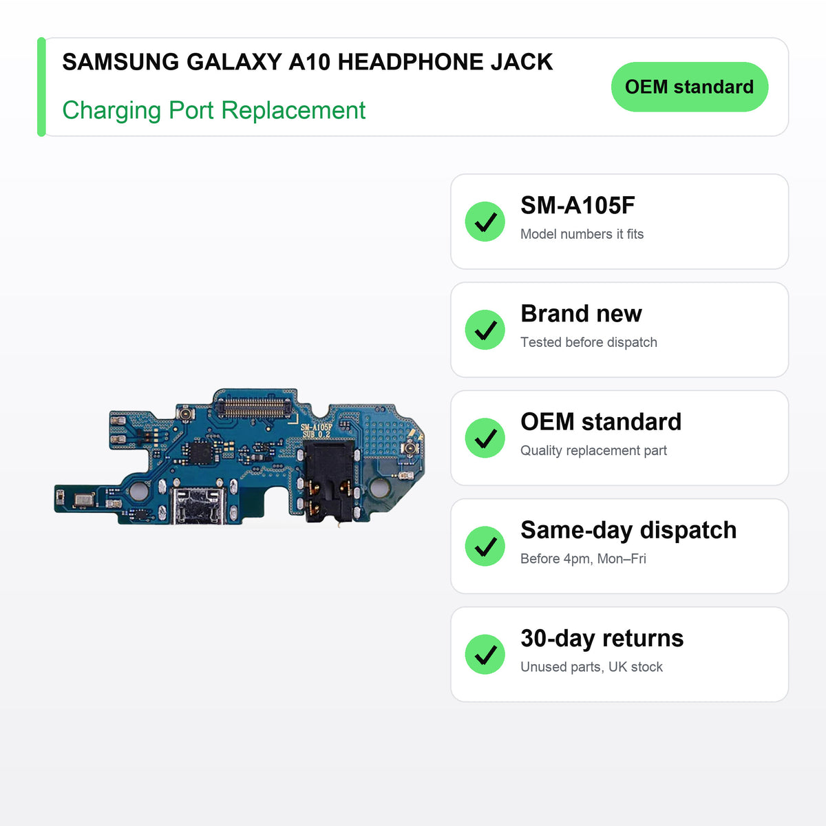 SAMSUNG GALAXY A10 HEADPHONE JACK charging port key facts: brand new, tested, same-day UK dispatch