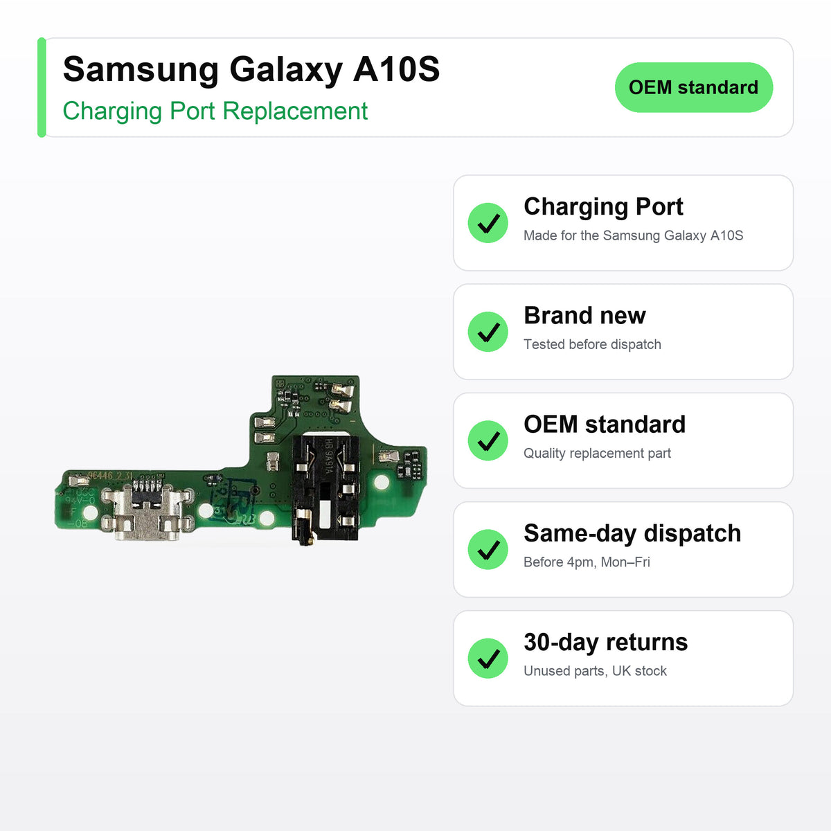 Samsung Galaxy A10S charging port key facts: brand new, tested, same-day UK dispatch