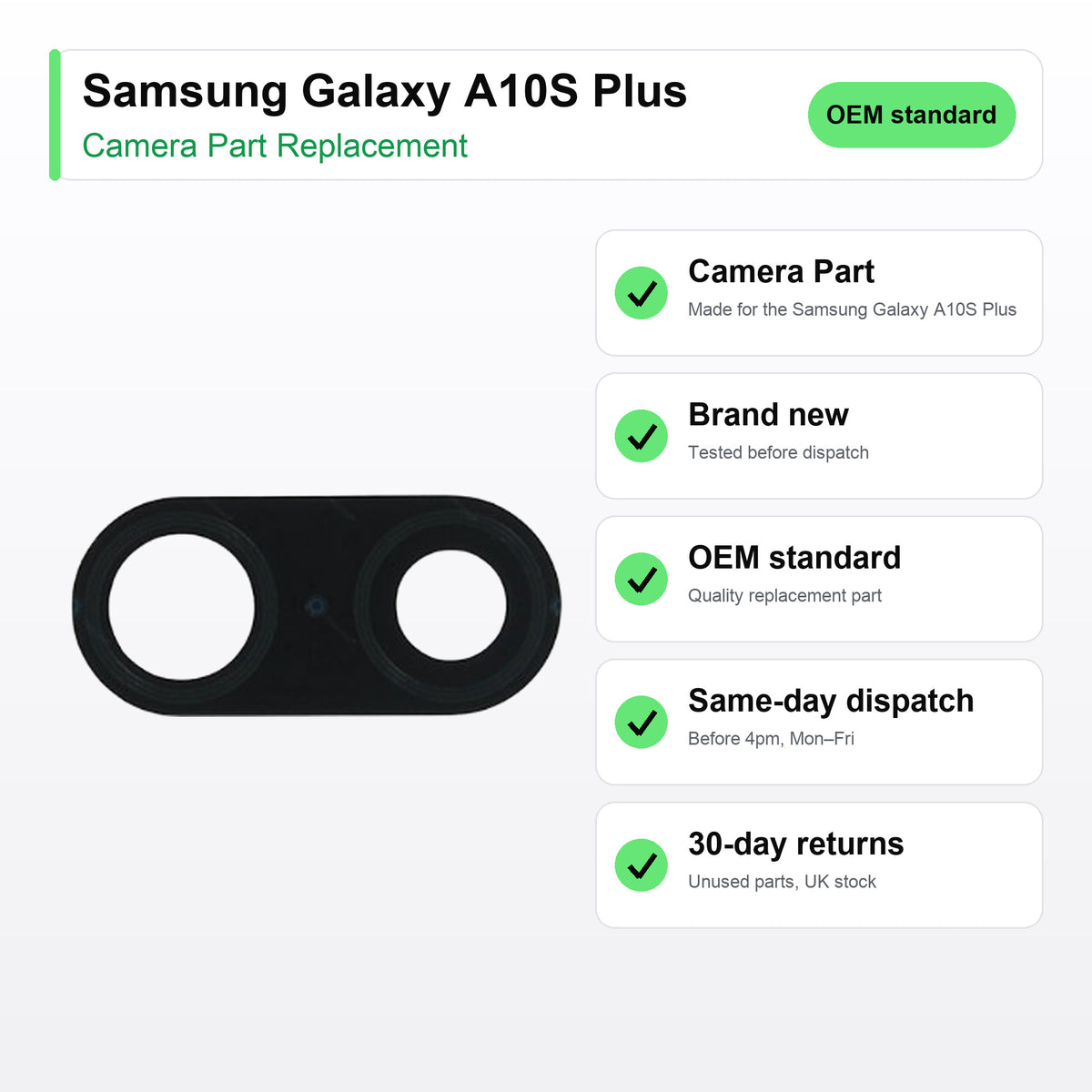 Samsung Galaxy A10S Plus camera lens key facts: brand new, tested, same-day UK dispatch