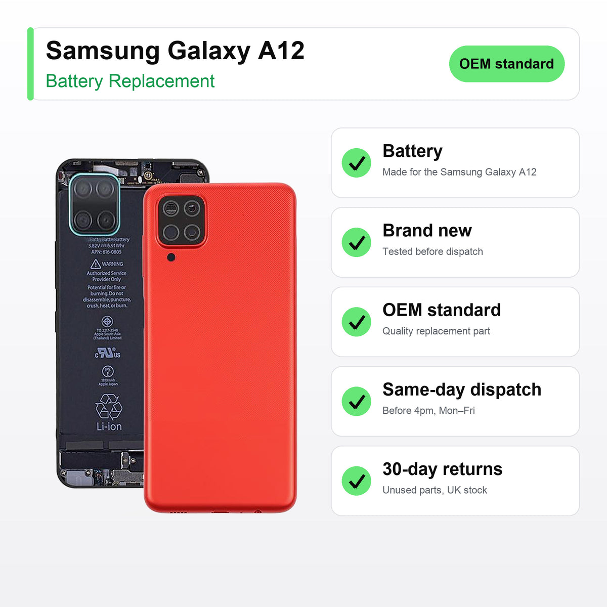 Samsung Galaxy A12 battery key facts: brand new, tested, same-day UK dispatch