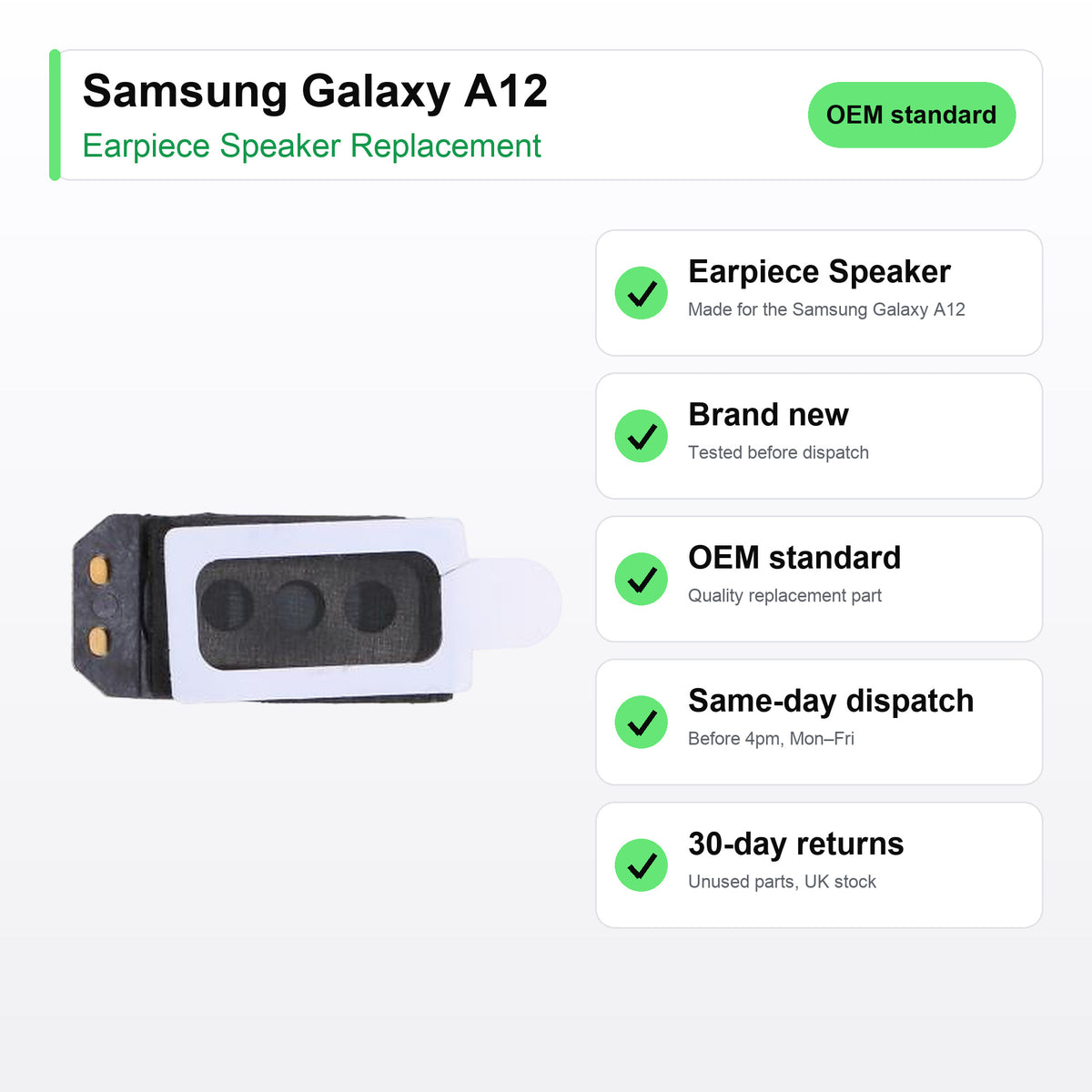 Samsung Galaxy A12 earpiece speaker key facts: brand new, tested, same-day UK dispatch