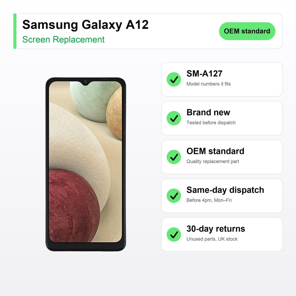 Samsung Galaxy A12 screen key facts: brand new, tested, same-day UK dispatch