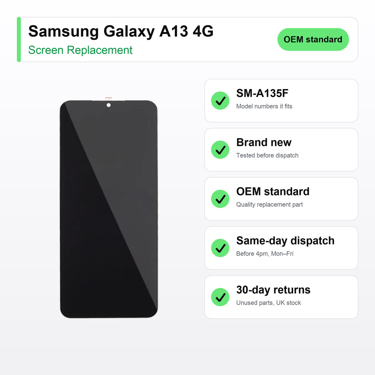 Samsung Galaxy A13 4G screen key facts: brand new, tested, same-day UK dispatch