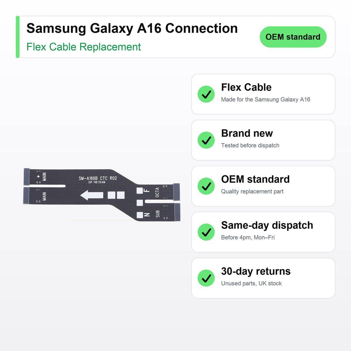 Samsung Galaxy A16 Connection flex cable key facts: brand new, tested, same-day UK dispatch