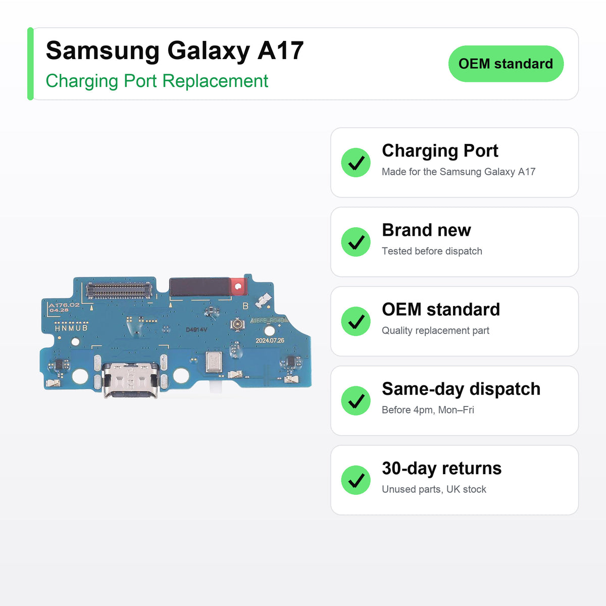 Samsung Galaxy A17 charging port key facts: brand new, tested, same-day UK dispatch