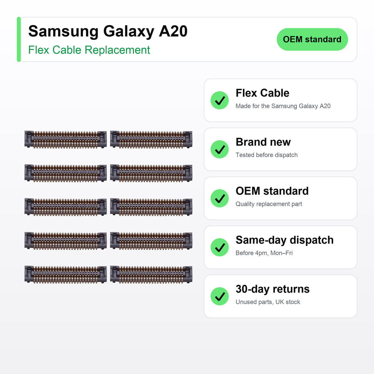 Samsung Galaxy A20 flex cable key facts: brand new, tested, same-day UK dispatch