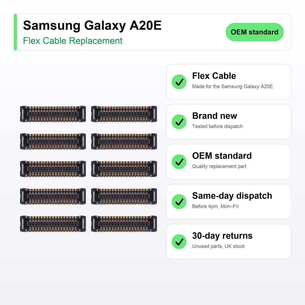 Samsung Galaxy A20E flex cable key facts: brand new, tested, same-day UK dispatch