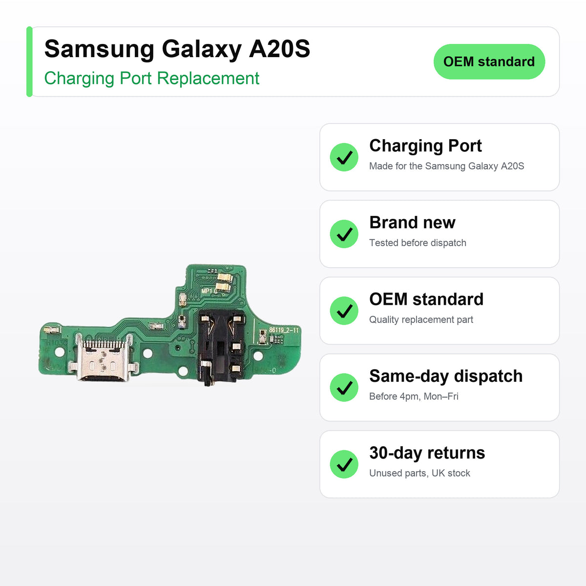 Samsung Galaxy A20S charging port key facts: brand new, tested, same-day UK dispatch