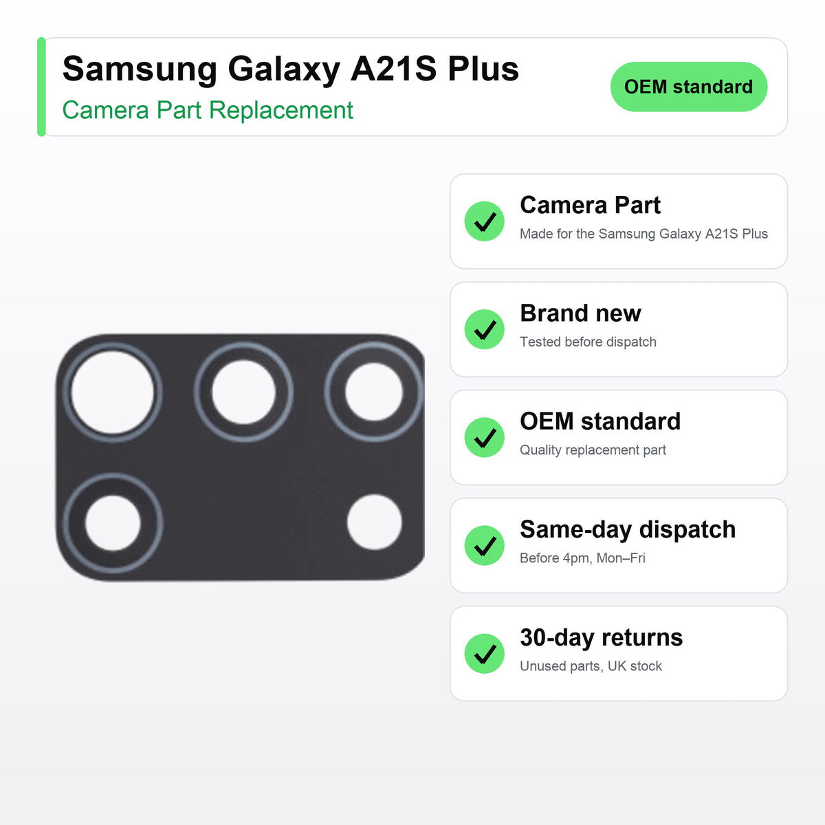 Samsung Galaxy A21S Plus camera lens key facts: brand new, tested, same-day UK dispatch