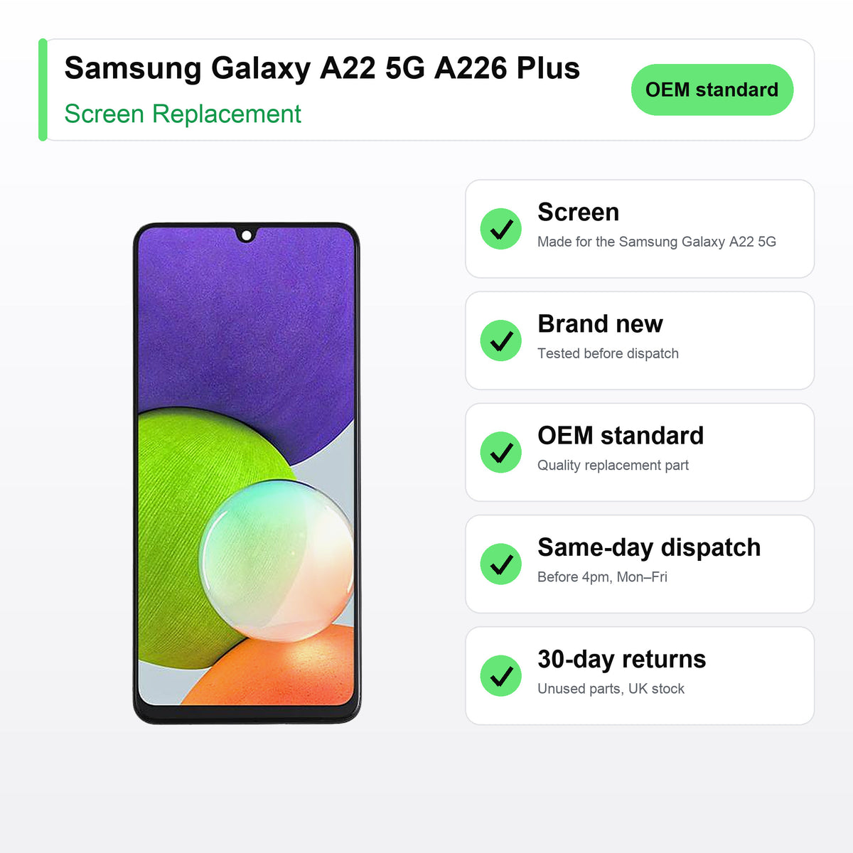 Samsung Galaxy A22 5G A226 Plus screen key facts: brand new, tested, same-day UK dispatch
