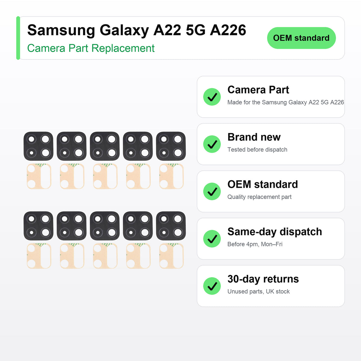 Samsung Galaxy A22 5G A226 camera lens key facts: brand new, tested, same-day UK dispatch