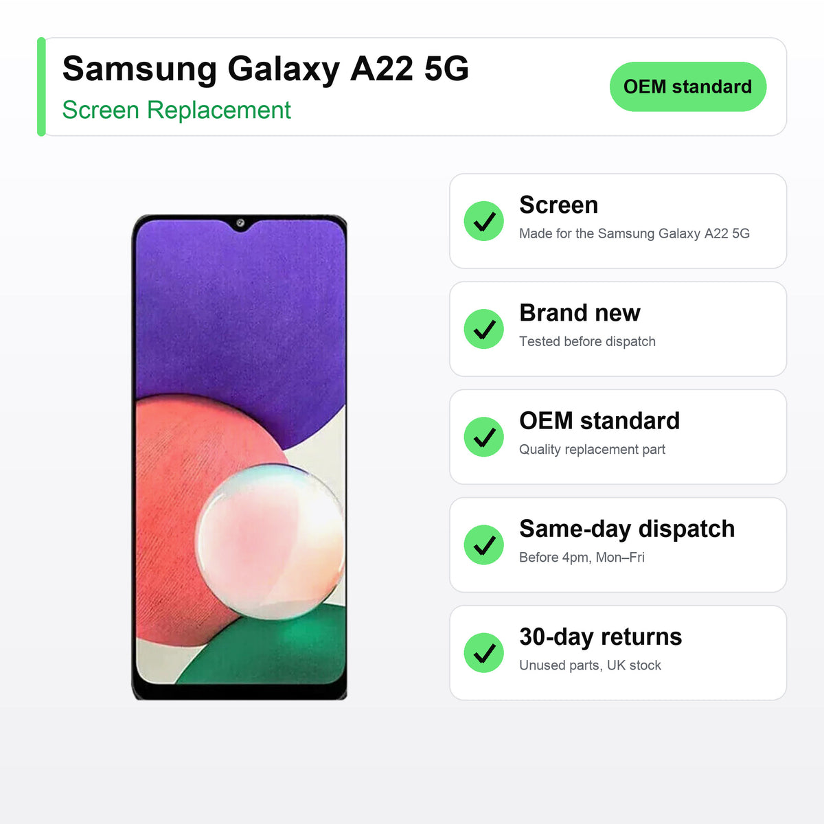 Samsung Galaxy A22 5G screen key facts: brand new, tested, same-day UK dispatch