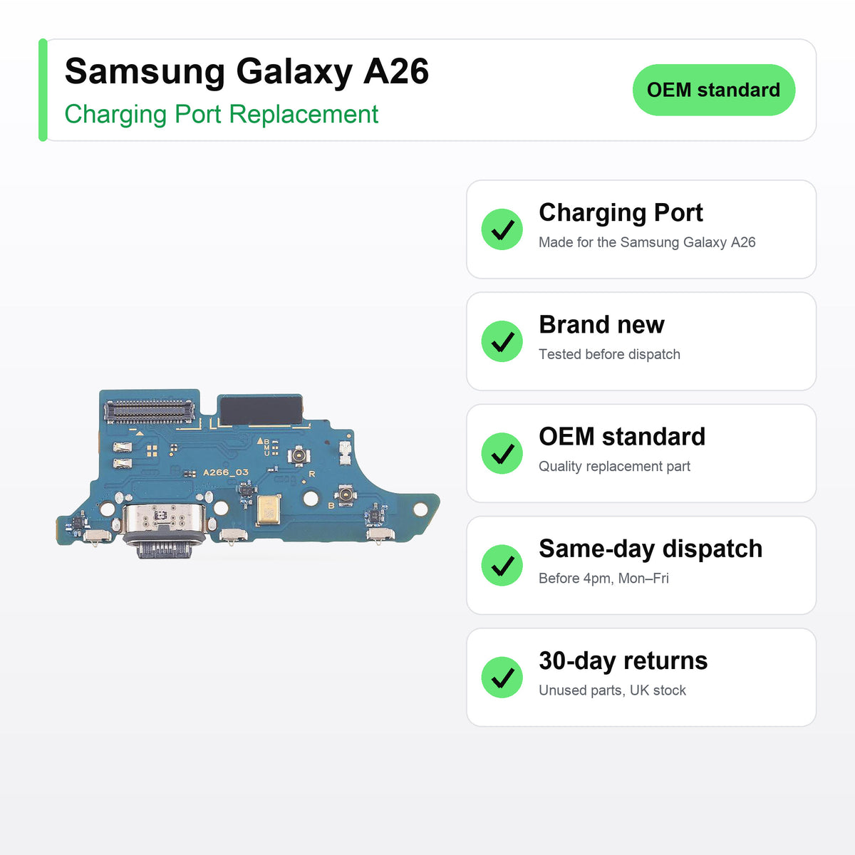 Samsung Galaxy A26 charging port key facts: brand new, tested, same-day UK dispatch