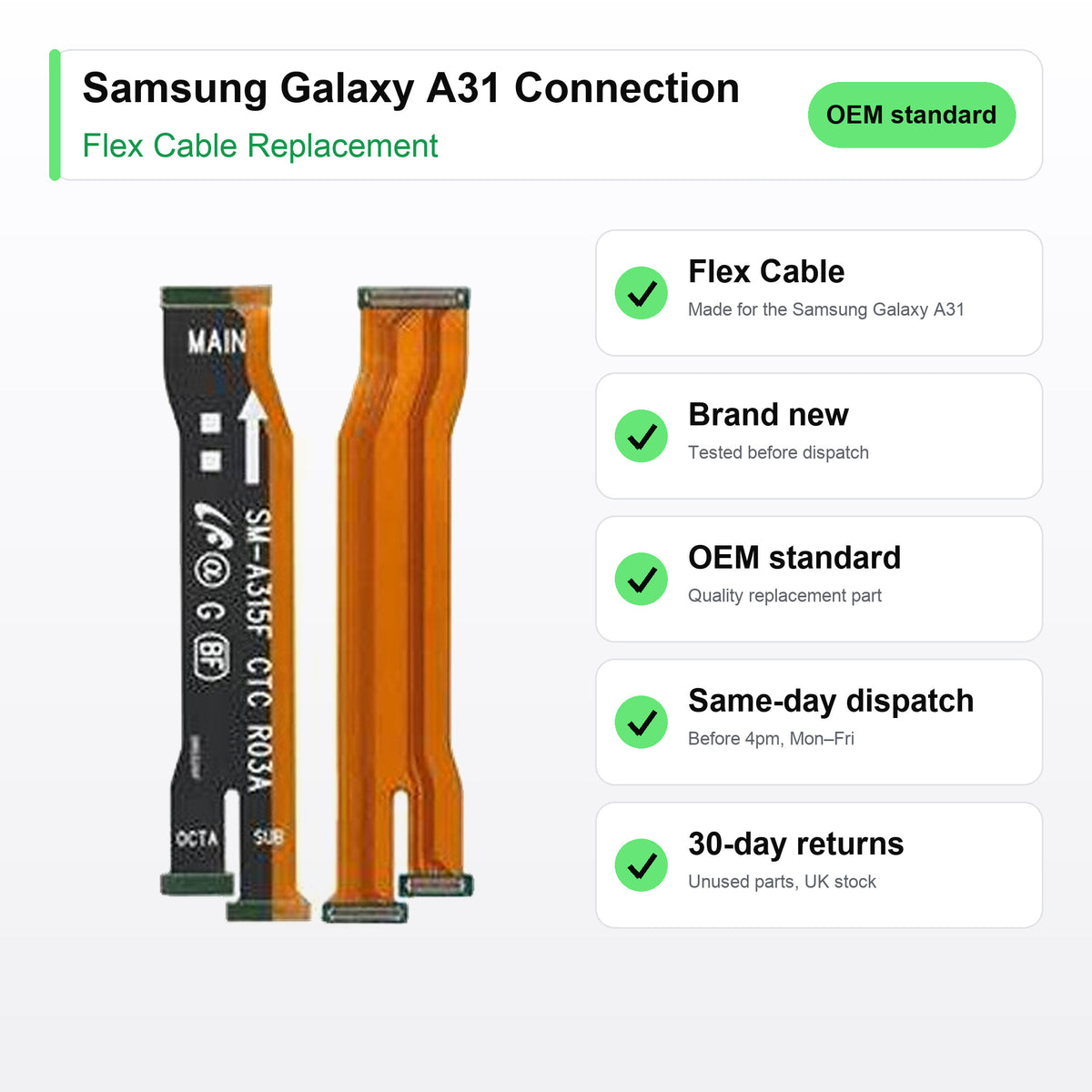 Samsung Galaxy A31 Connection flex cable key facts: brand new, tested, same-day UK dispatch