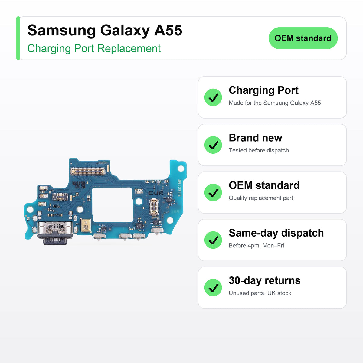 Samsung Galaxy A55 charging port key facts: brand new, tested, same-day UK dispatch