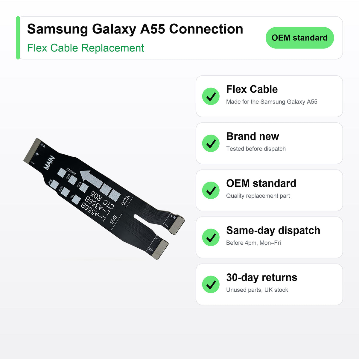 Samsung Galaxy A55 Connection flex cable key facts: brand new, tested, same-day UK dispatch