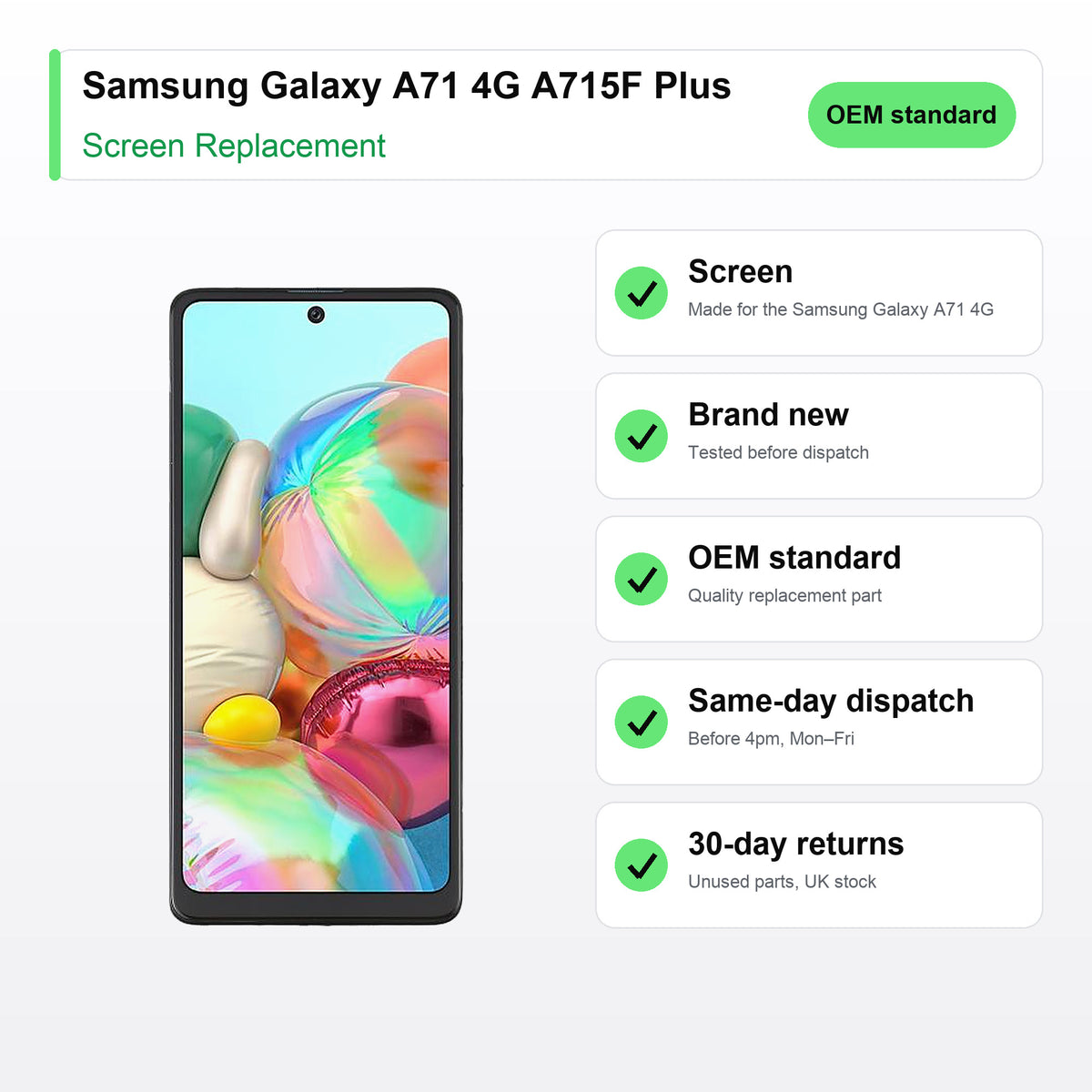 Samsung Galaxy A71 4G A715F Plus screen key facts: brand new, tested, same-day UK dispatch