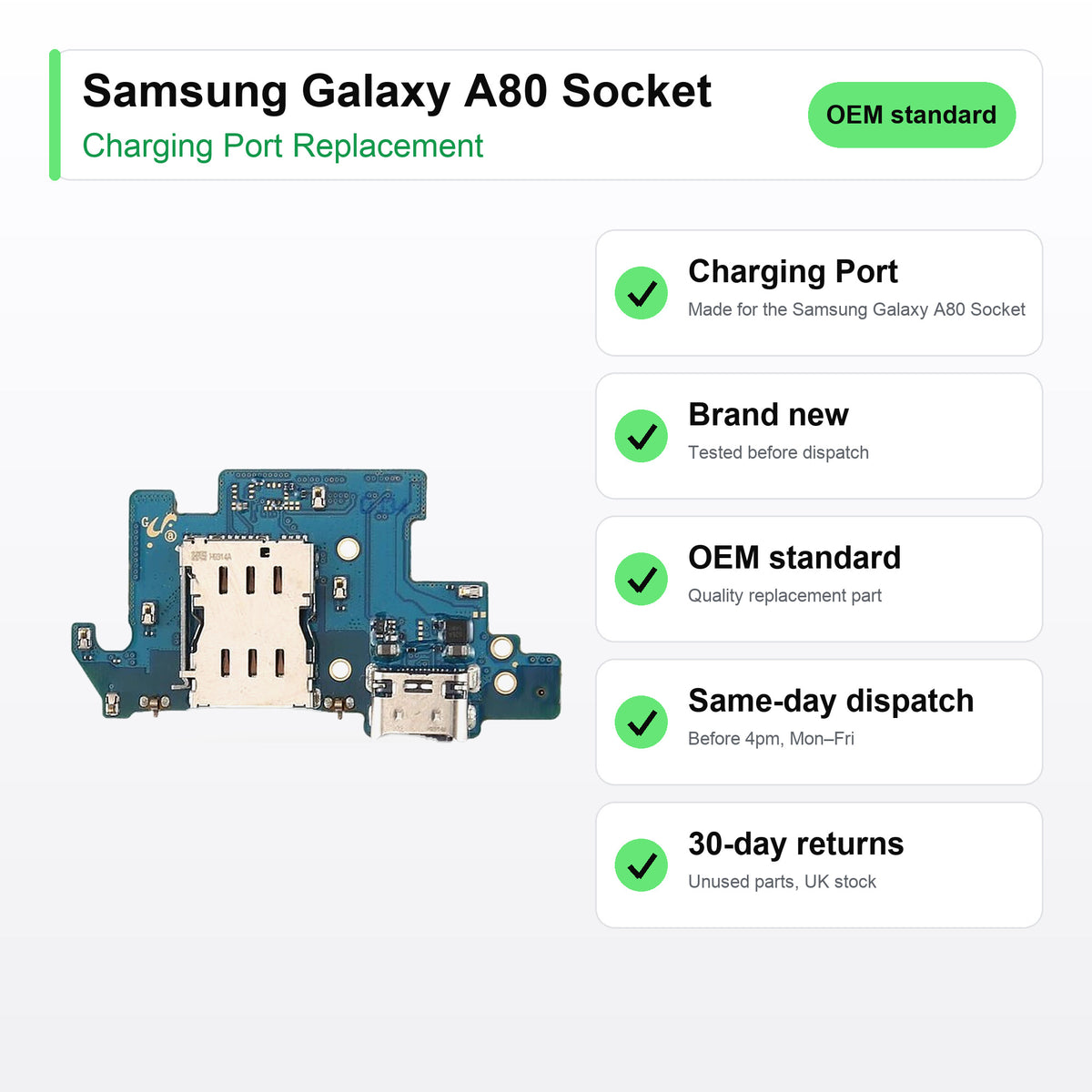 Samsung Galaxy A80 Socket charging port key facts: brand new, tested, same-day UK dispatch
