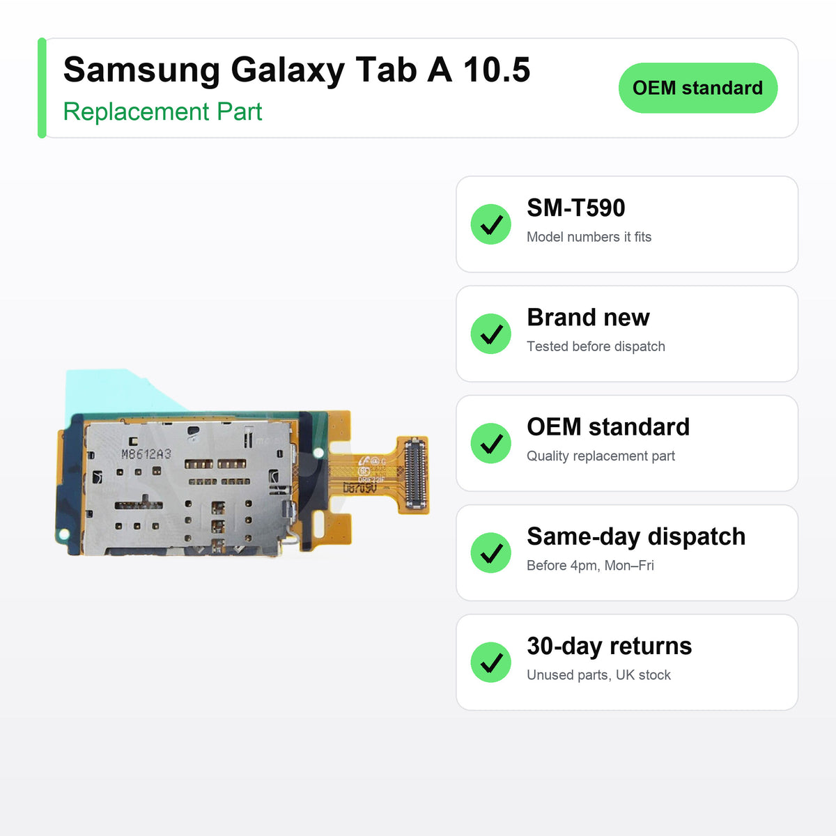Samsung Galaxy Tab A 10.5 part key facts: brand new, tested, same-day UK dispatch