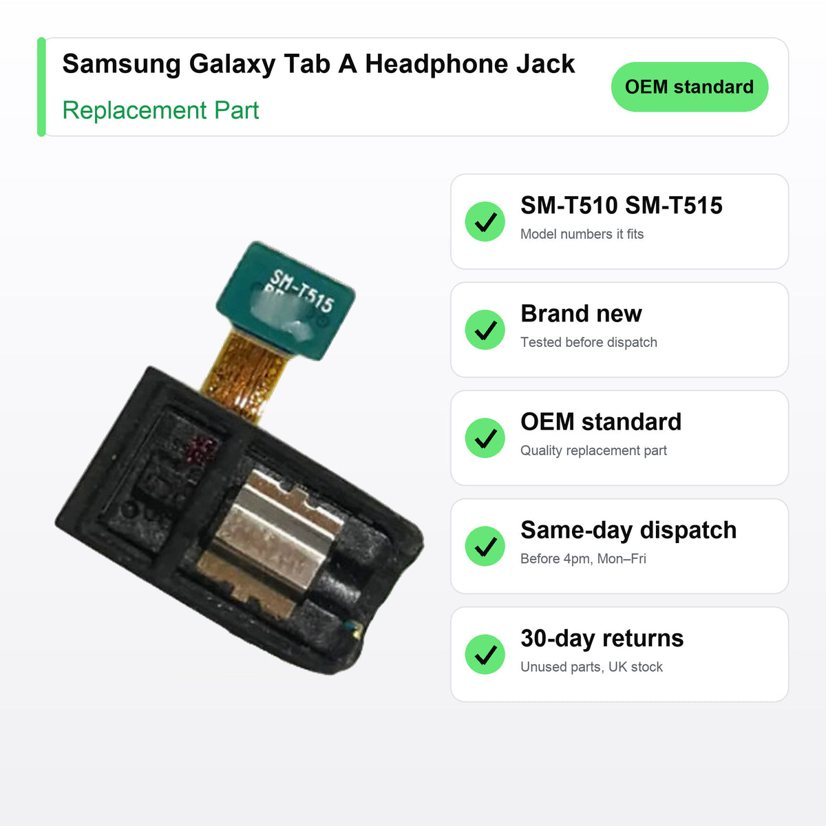 Samsung Galaxy Tab A Headphone Jack part key facts: brand new, tested, same-day UK dispatch