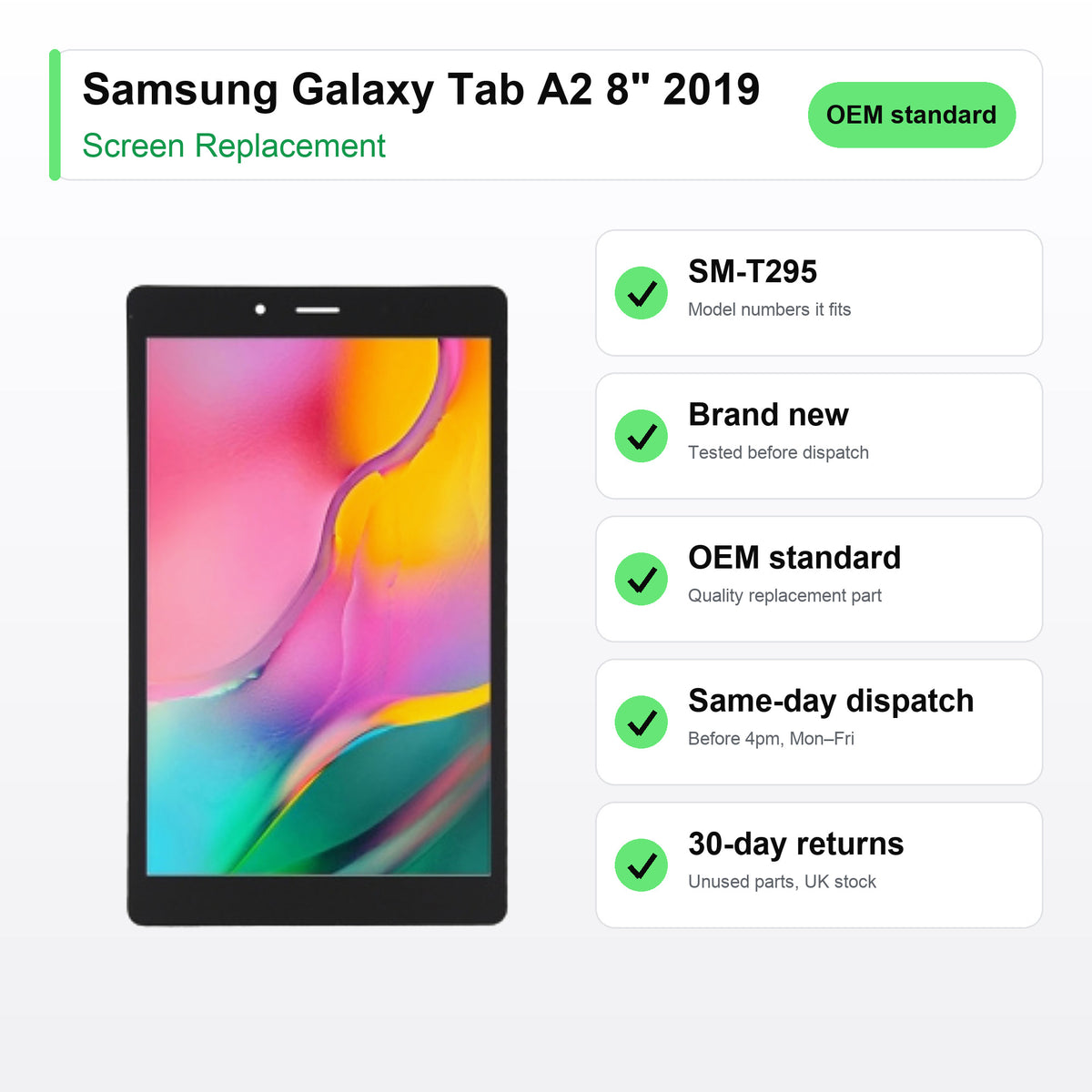 Samsung Galaxy Tab A2 8" 2019 screen key facts: brand new, tested, same-day UK dispatch