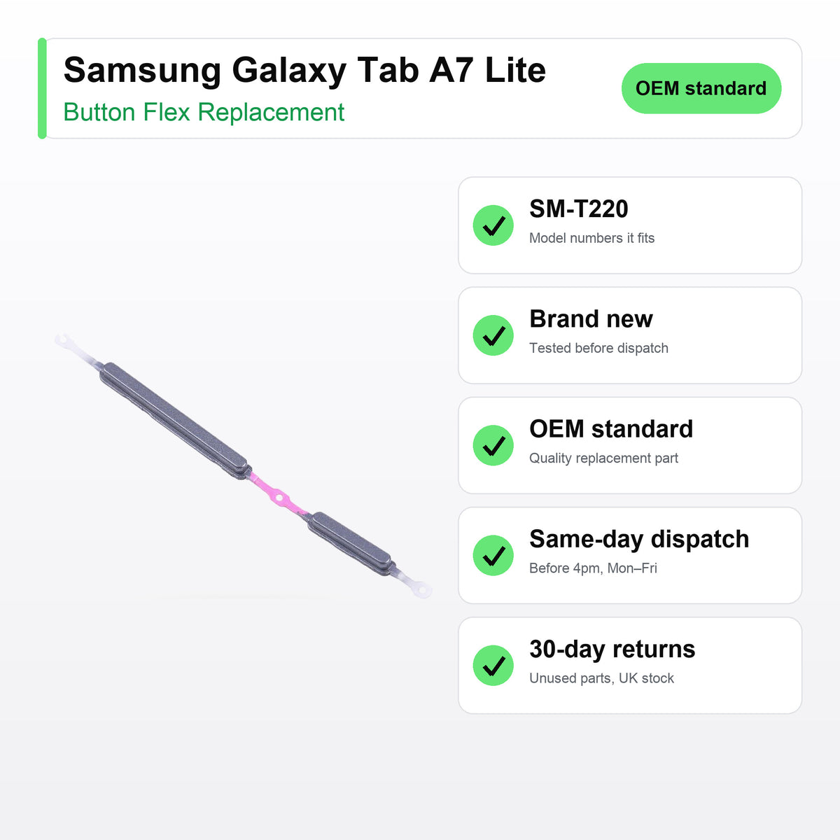 Samsung Galaxy Tab A7 Lite button flex key facts: brand new, tested, same-day UK dispatch