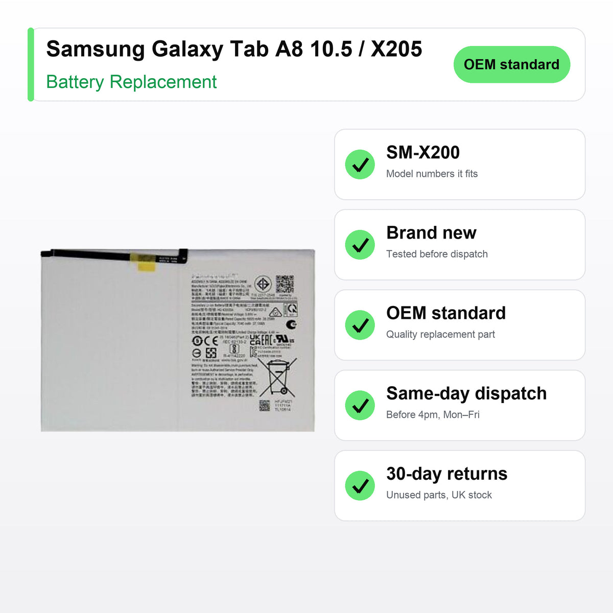 Samsung Galaxy Tab A8 10.5 / X205 battery key facts: brand new, tested, same-day UK dispatch