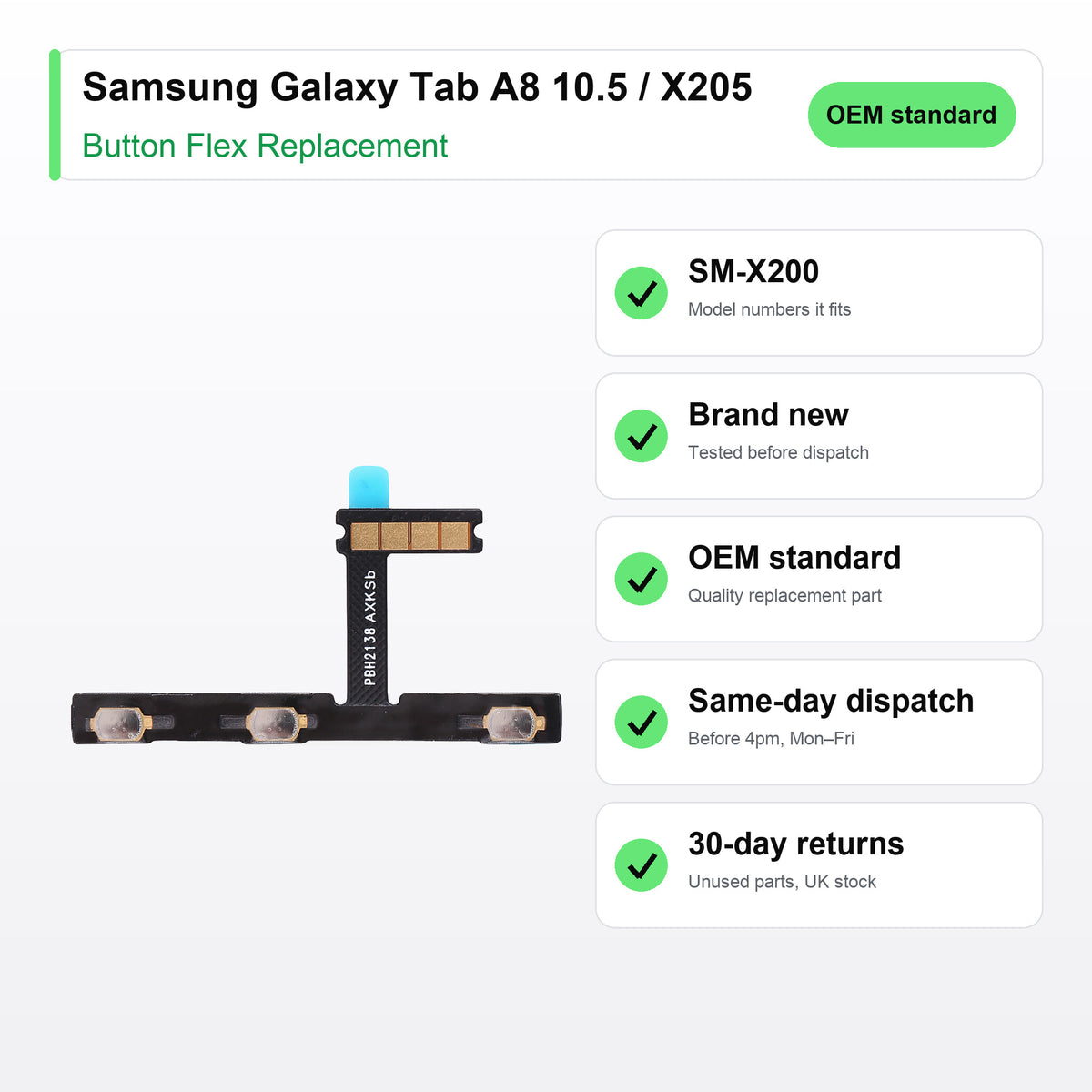 Samsung Galaxy Tab A8 10.5 / X205 button flex key facts: brand new, tested, same-day UK dispatch