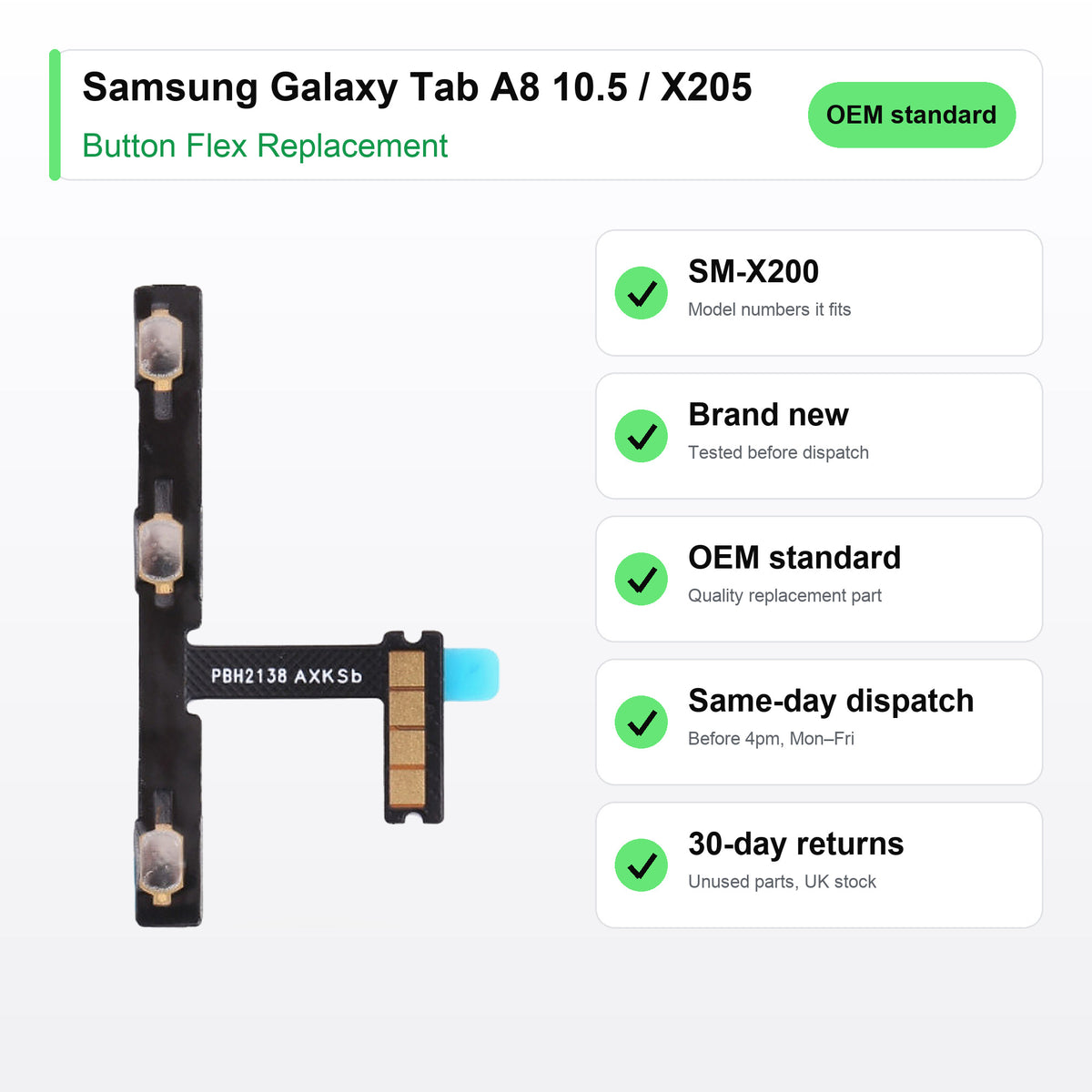 Samsung Galaxy Tab A8 10.5 / X205 button flex key facts: brand new, tested, same-day UK dispatch