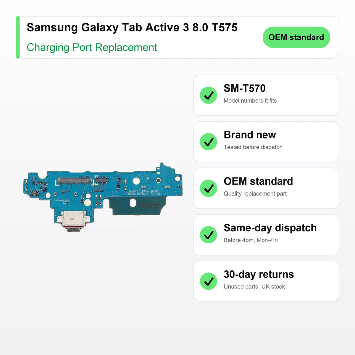 Samsung Galaxy Tab Active 3 8.0 T575 charging port key facts: brand new, tested, same-day UK dispatch