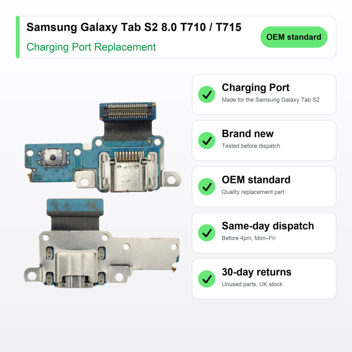 Samsung Galaxy Tab S2 8.0 T710 / T715 charging port key facts: brand new, tested, same-day UK dispatch
