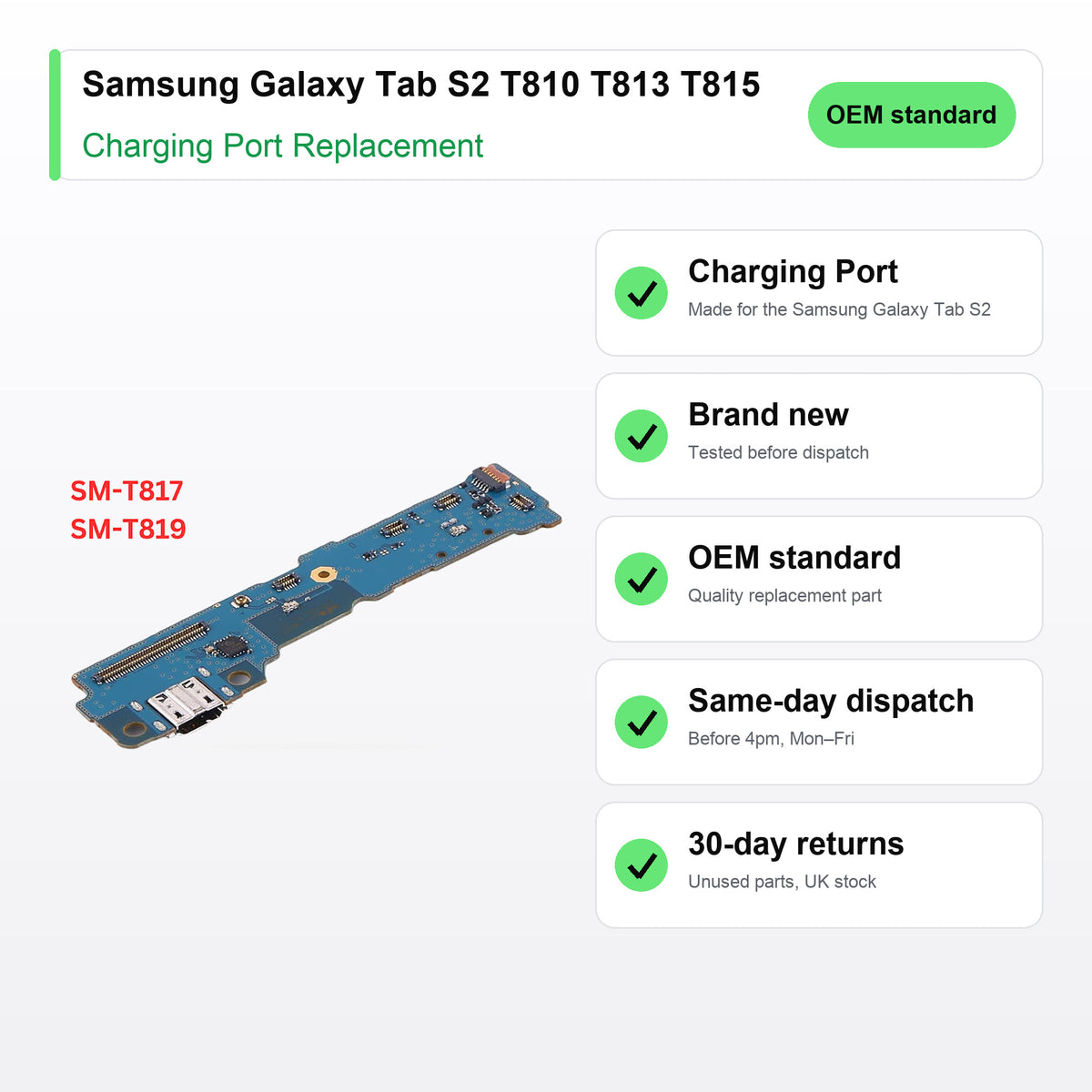 Samsung Galaxy Tab S2 T810 T813 T815 T817 T819 charging port key facts: brand new, tested, same-day UK dispatch