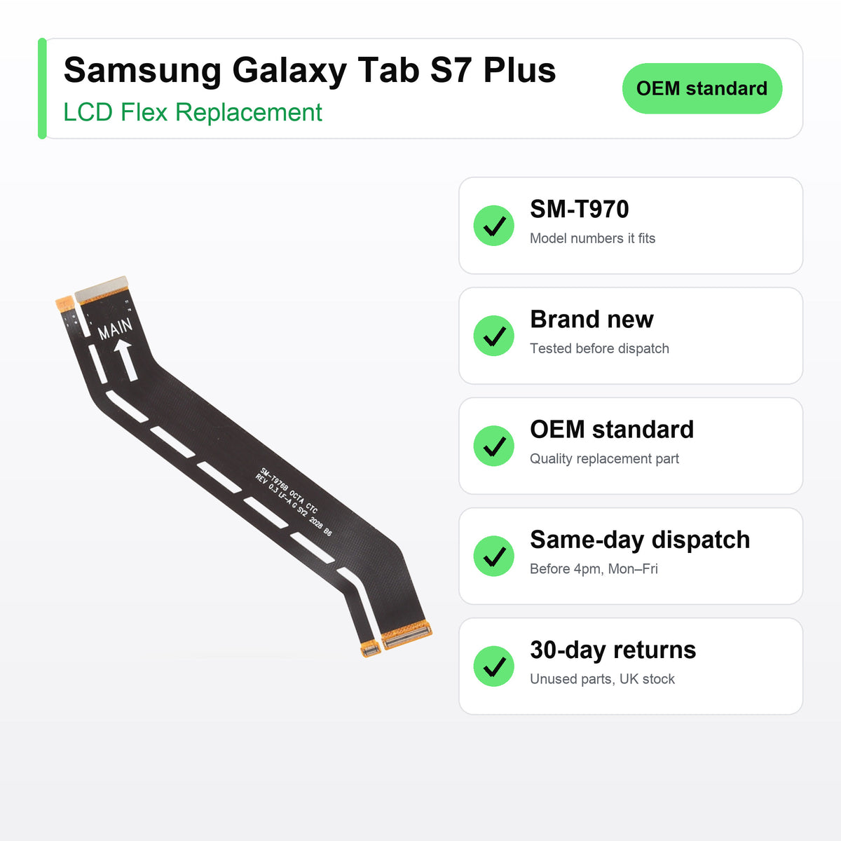Samsung Galaxy Tab S7 Plus LCD flex cable key facts: brand new, tested, same-day UK dispatch