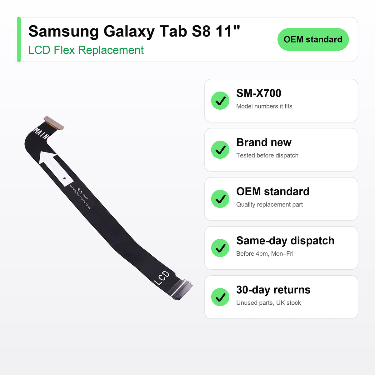 Samsung Galaxy Tab S8 11" LCD flex cable key facts: brand new, tested, same-day UK dispatch