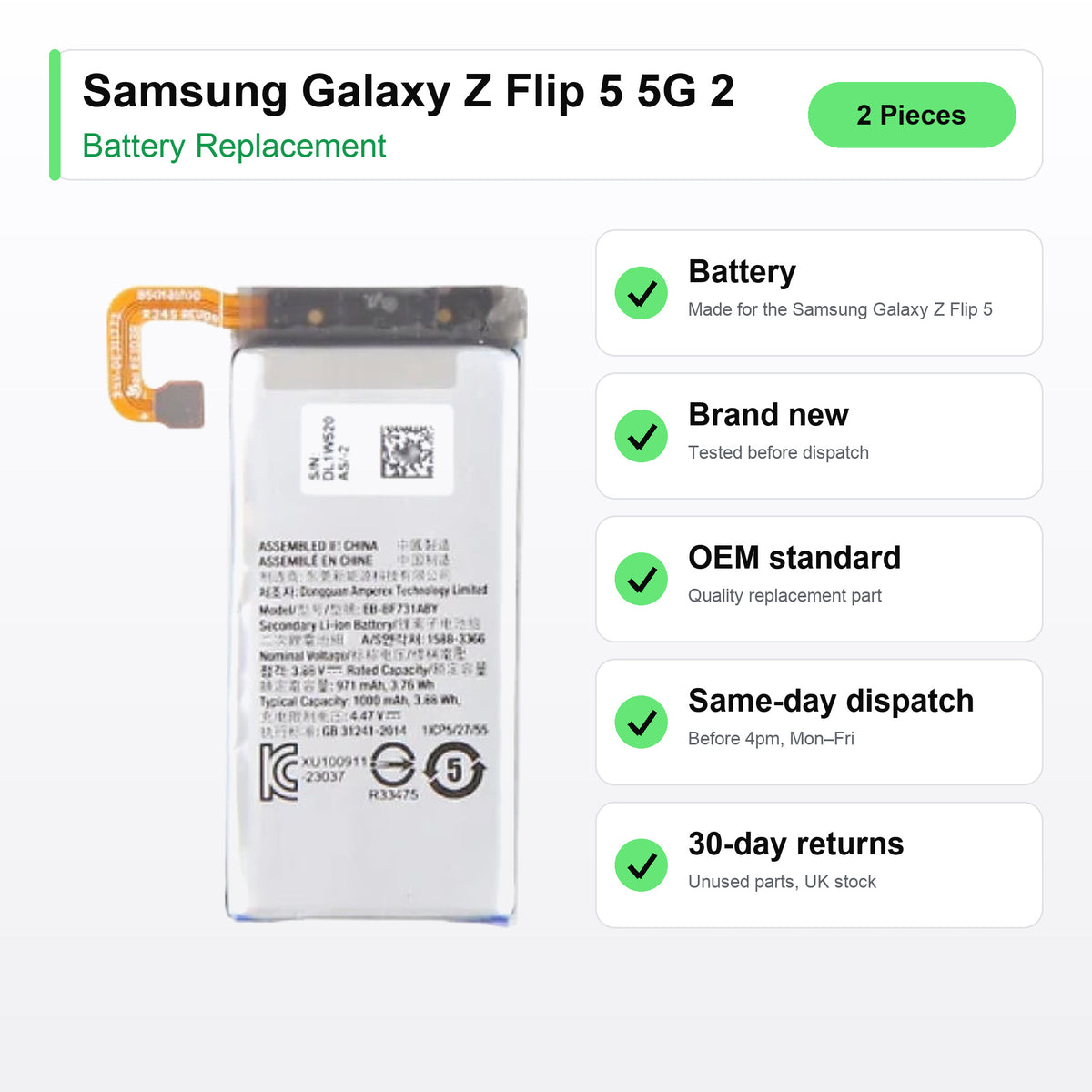 Samsung Galaxy Z Flip 5 5G 2 battery key facts: brand new, tested, same-day UK dispatch