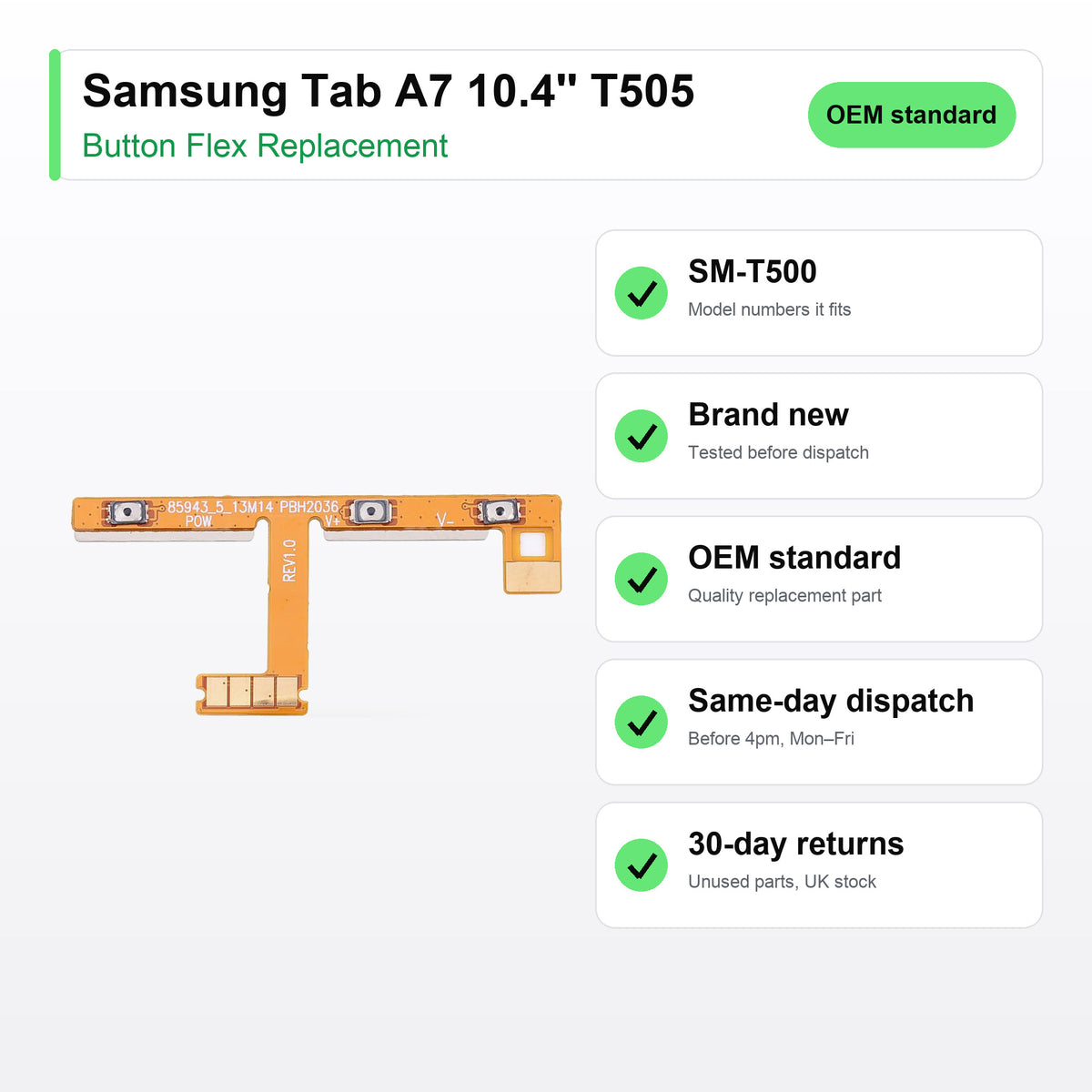 Samsung Tab A7 10.4'' T505 button flex key facts: brand new, tested, same-day UK dispatch