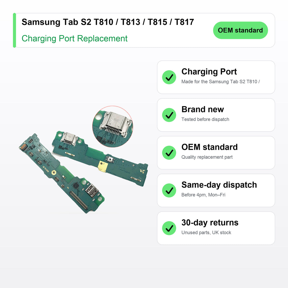 Samsung Tab S2 T810 / T813 / T815 / T817 charging port key facts: brand new, tested, same-day UK dispatch