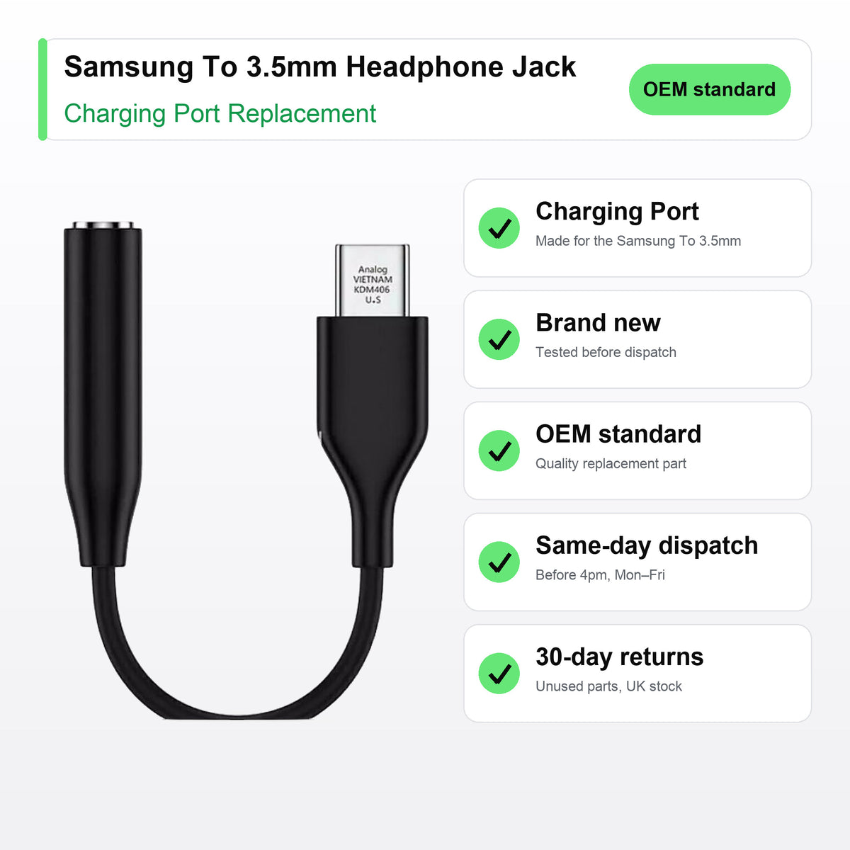 Samsung To 3.5mm Headphone Jack Adapter Aux charging port key facts: brand new, tested, same-day UK dispatch