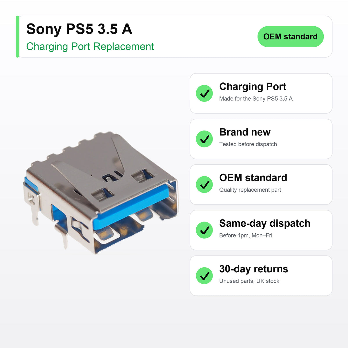 Sony PS5 3.5 A charging port key facts: brand new, tested, same-day UK dispatch