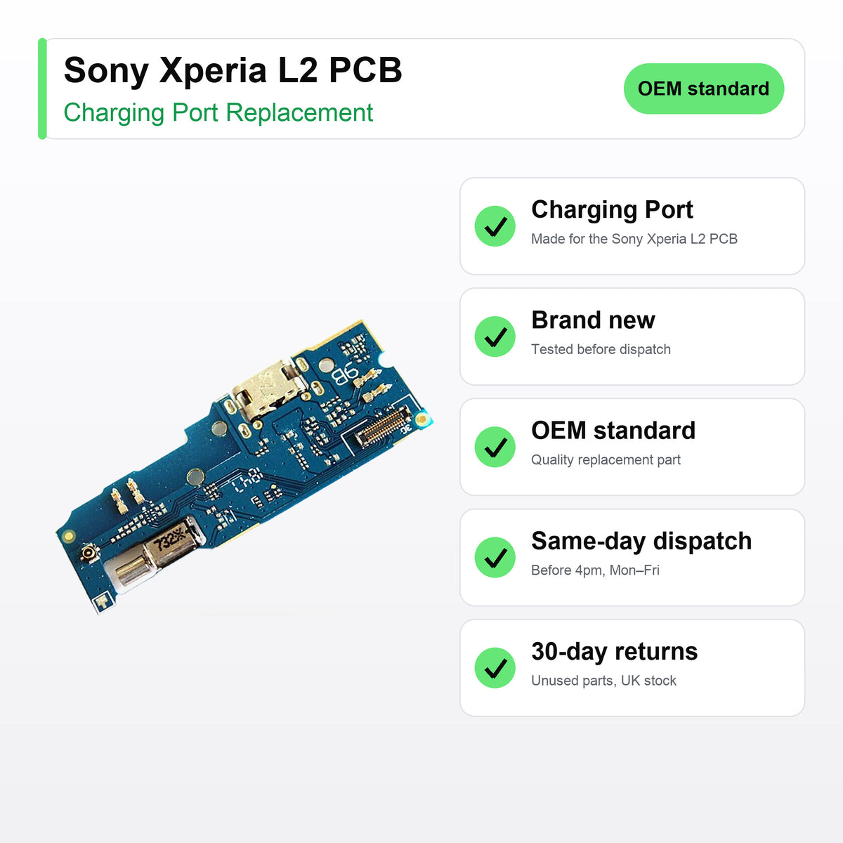 Sony Xperia L2 PCB charging port key facts: brand new, tested, same-day UK dispatch