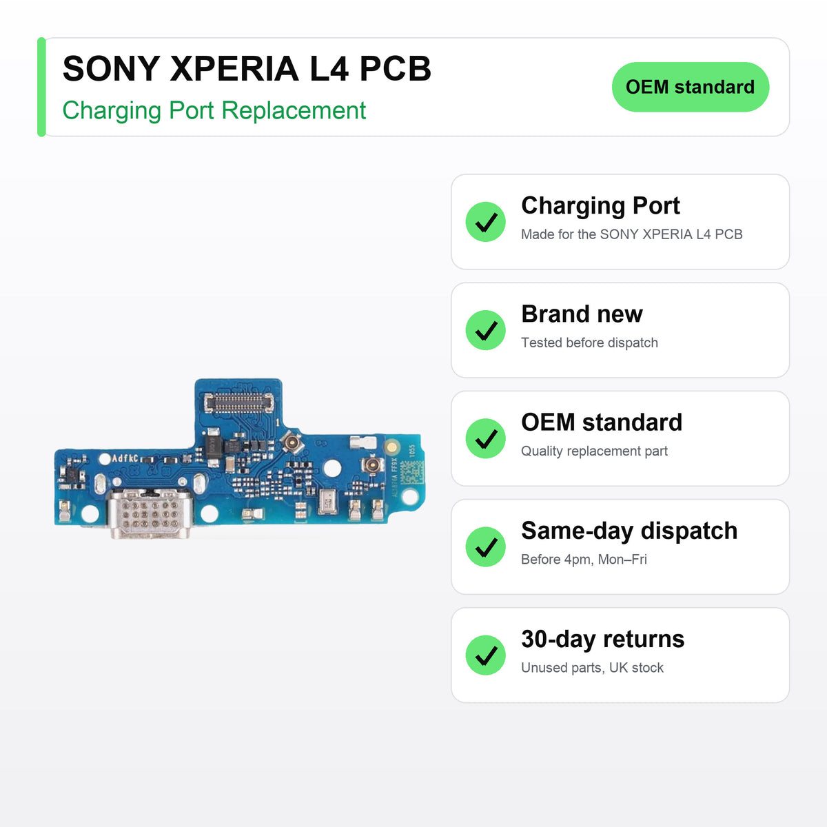 SONY XPERIA L4 PCB charging port key facts: brand new, tested, same-day UK dispatch