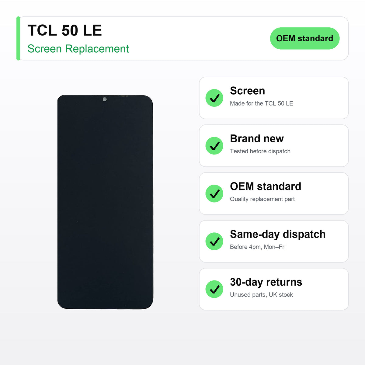 TCL 50 LE screen key facts: brand new, tested, same-day UK dispatch