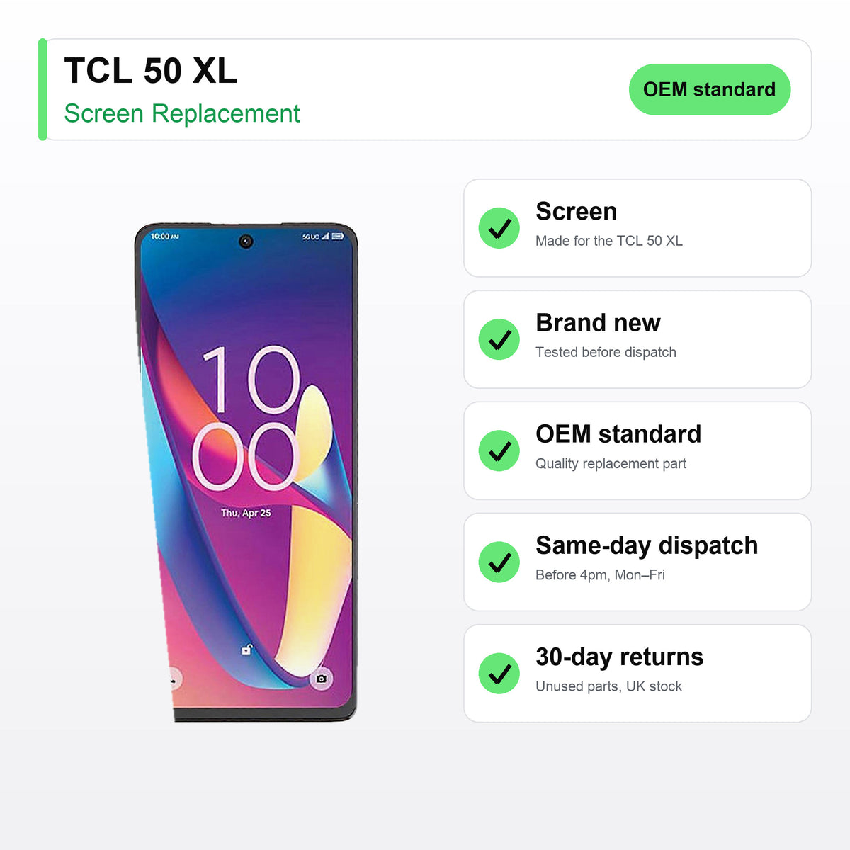 TCL 50 XL screen key facts: brand new, tested, same-day UK dispatch